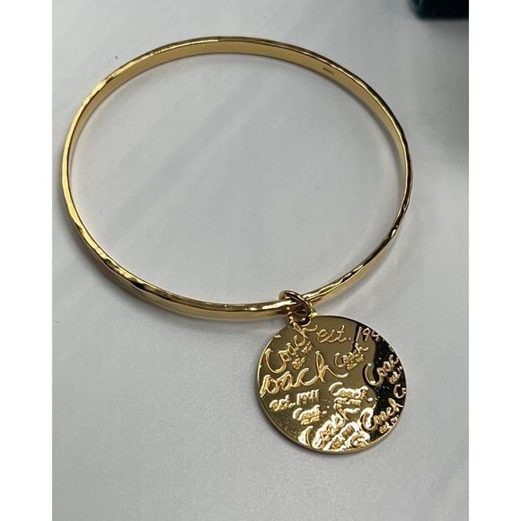 COACH Gold Bangle Bracelet  Logo Signature Disc Charm - Picture 4 of 7